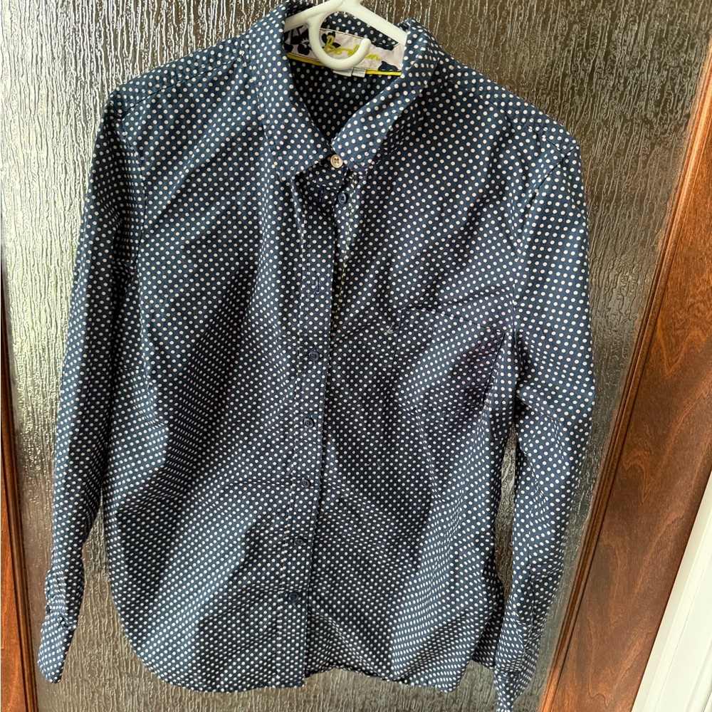 Boden Navy White Polka Dot Button Front Blouse Size 16